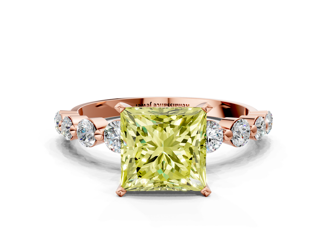 Rose gold Fancy Yellow Princess  Solitaire Diamond Ring with Pave Band and Four-Prong Setting