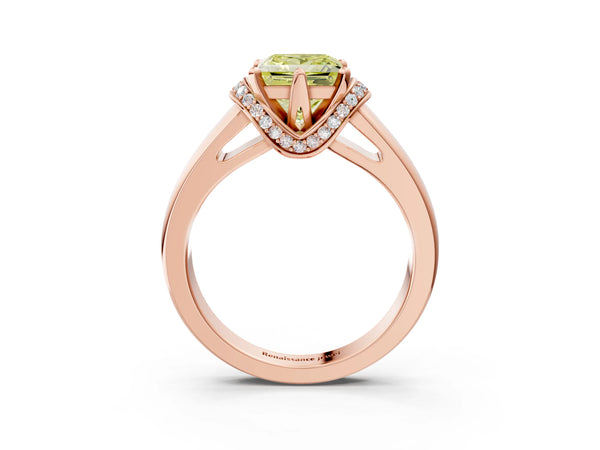 Rose gold Fancy Yellow Princess  Solitaire Diamond Ring with Pave Band and Six-Prong Setting