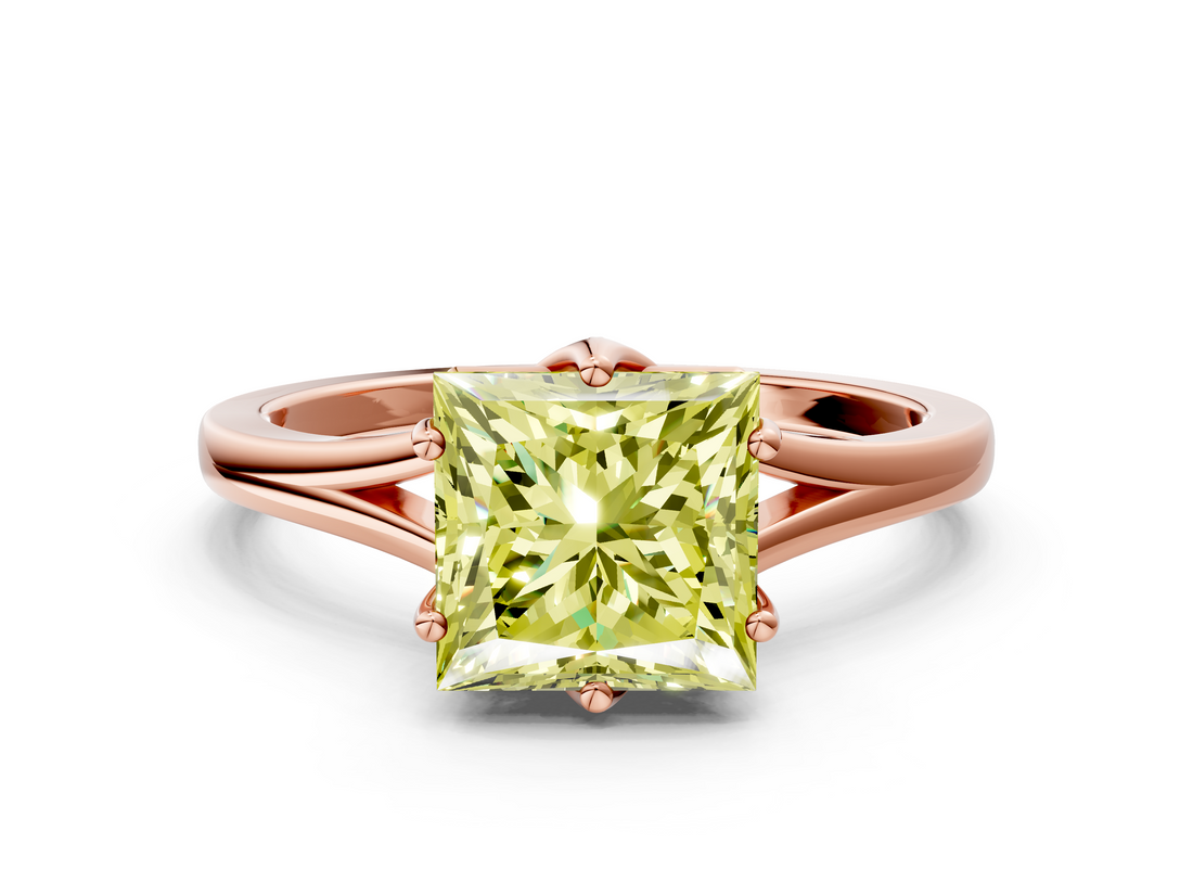 Rose gold Fancy Yellow Princess  Solitaire Diamond Ring with Six-Prong Setting and Tapered Band
