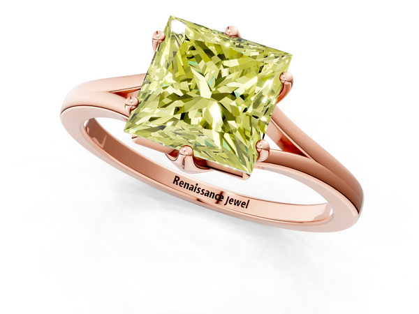 Rose gold Fancy Yellow Princess  Solitaire Diamond Ring with Six-Prong Setting and Tapered Band