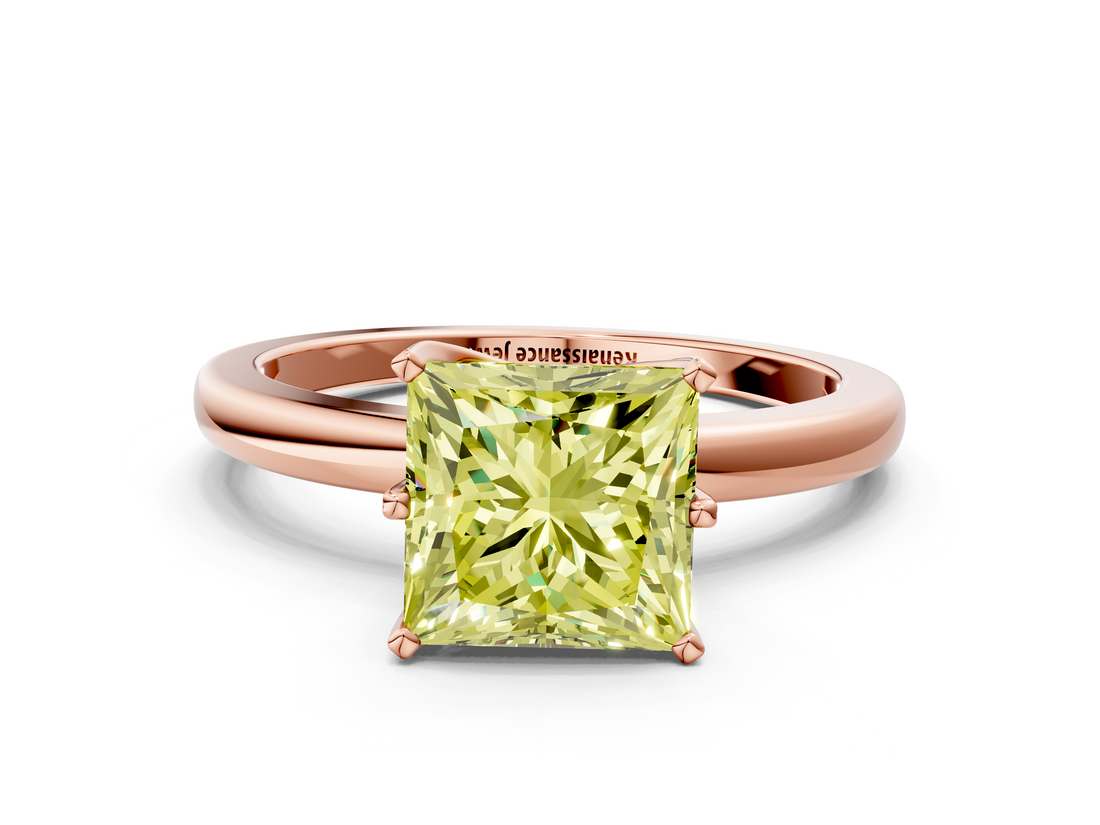 Rose gold Fancy Yellow Princess  Solitaire Diamond Ring with Six-Prong Setting on a Classic Band