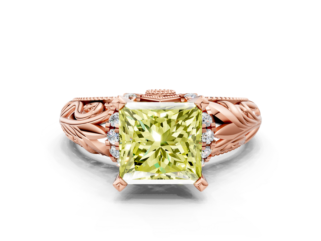 Rose gold Fancy Yellow Princess  Solitaire Filigree Engagement Ring with Halo and Prong Setting
