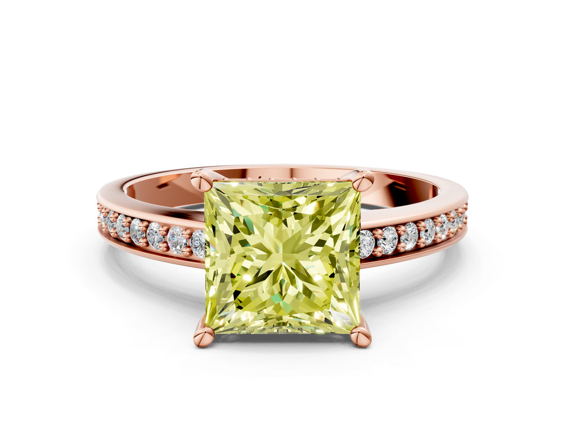 Rose gold Fancy Yellow Princess  Solitaire Pavé Band Prong Setting Ring