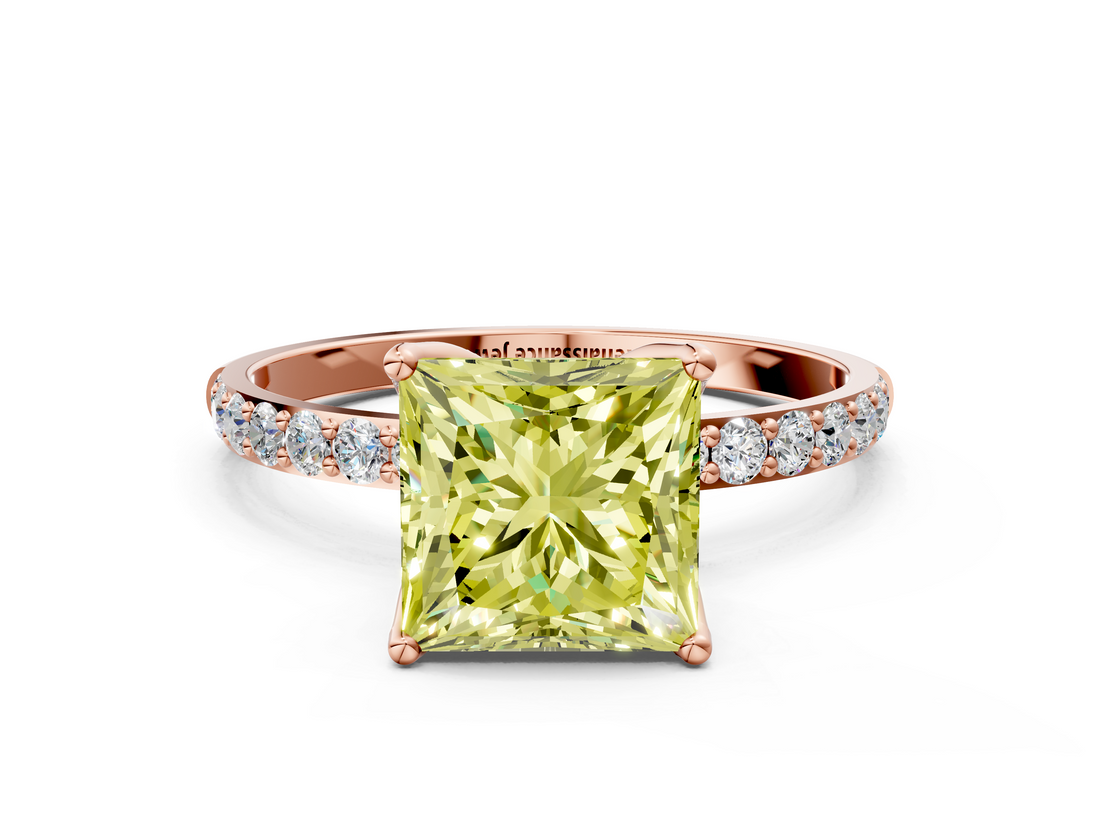 Rose gold Fancy Yellow Princess  Solitaire Pavé Diamond Engagement Ring with Four-Prong Setting
