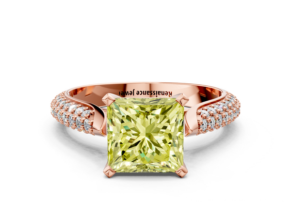 Rose gold Fancy Yellow Princess  Diamond Solitaire Engagement Ring with Pavé Band and Four-Prong Setting