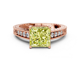 Rose gold Fancy Yellow Princess  Solitaire Pavé Diamond Milgrain Engagement Ring with Four-Prong Setting