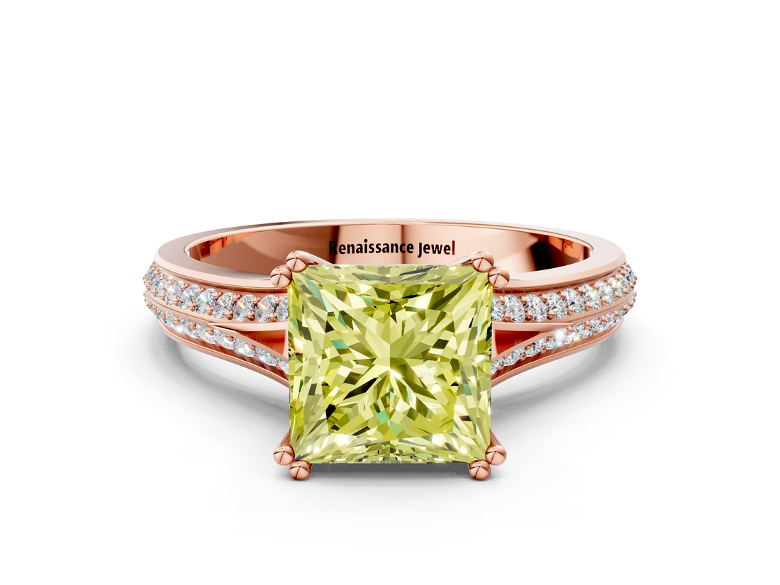 Rose gold Fancy Yellow Princess  Solitaire Pave Split Shank Engagement Ring with Six-Prong Setting