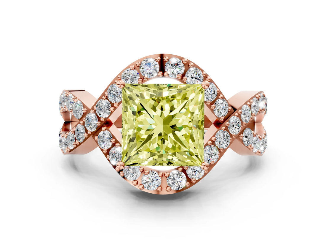 Rose gold Fancy Yellow Princess  Solitaire Twist Band Pavé Diamond Engagement Ring_33