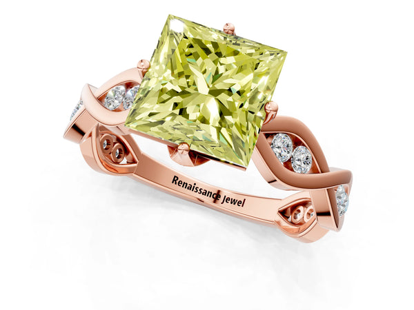 Rose gold Fancy Yellow Princess  Solitaire Twist Band with Leaf Prong Setting