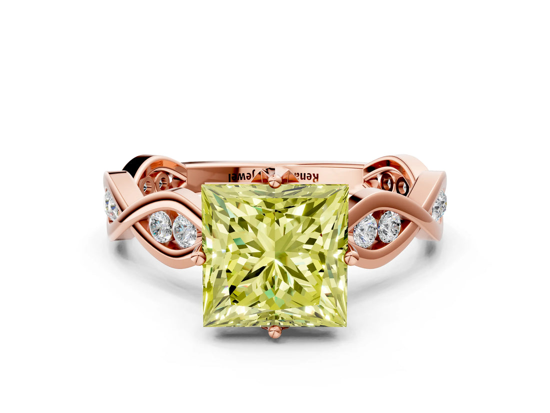 Rose gold Fancy Yellow Princess  Solitaire Twist Band with Leaf Prong Setting