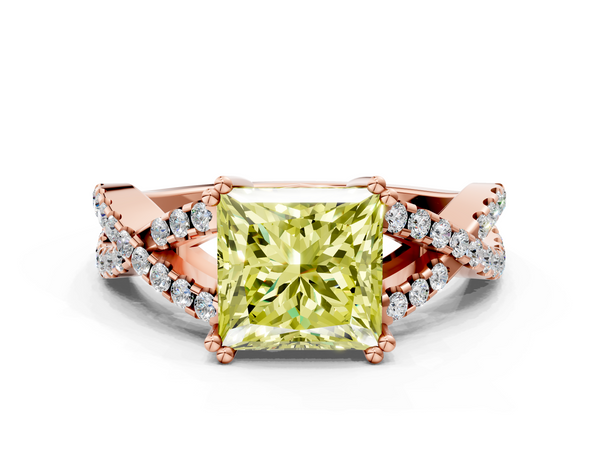 Rose gold Fancy Yellow Princess Cut Diamond Solitaire Ring with Four-Prong Setting and Twisted Pavé Band
