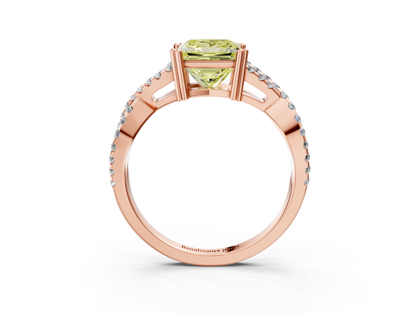 Rose gold Fancy Yellow Princess Cut Diamond Solitaire Ring with Four-Prong Setting and Twisted Pavé Band