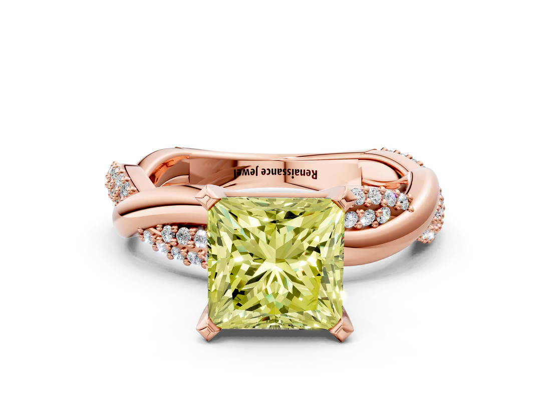 Rose gold Fancy Yellow Princess  Solitaire Twist Band with Pave Prong Setting