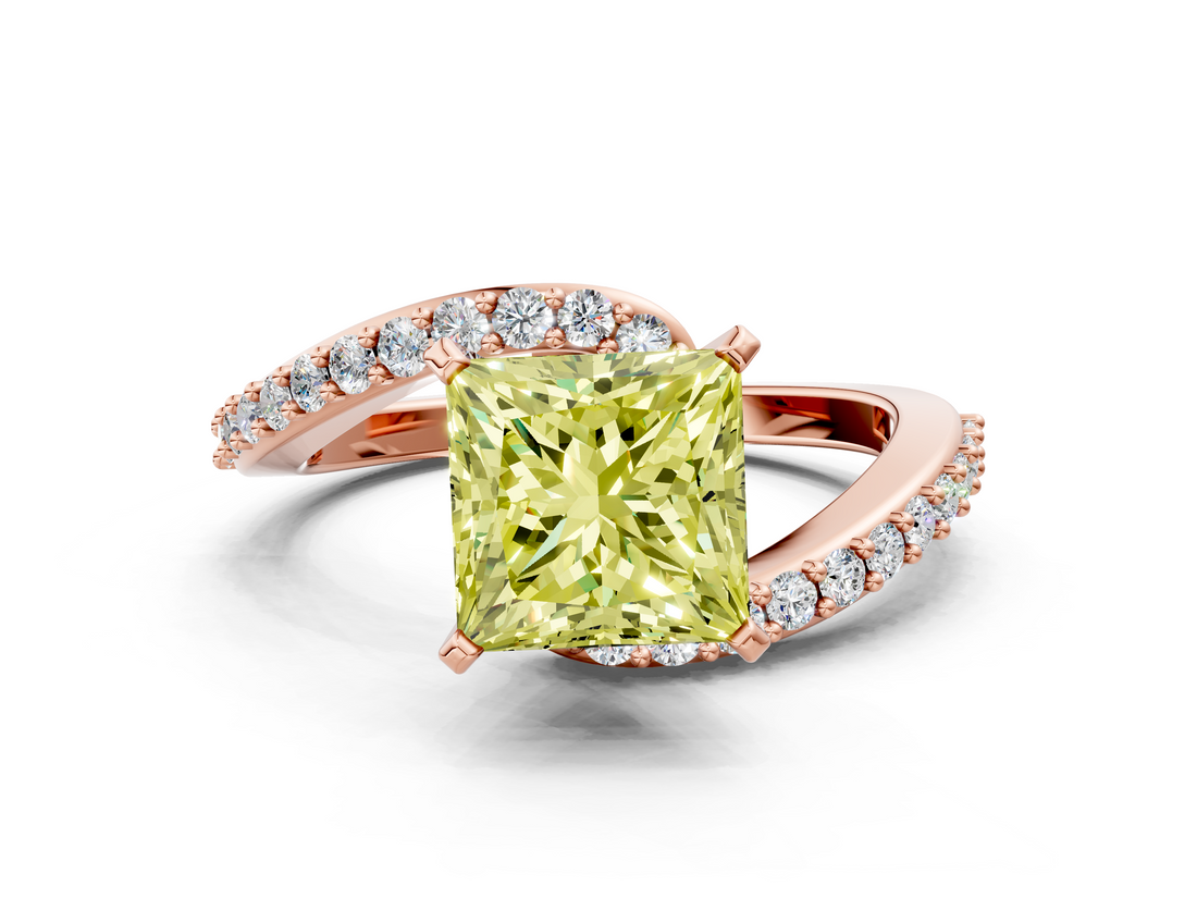 Rose gold Fancy Yellow Princess  Solitaire Twist Band with Pave Set Diamonds and Four-Prong Setting