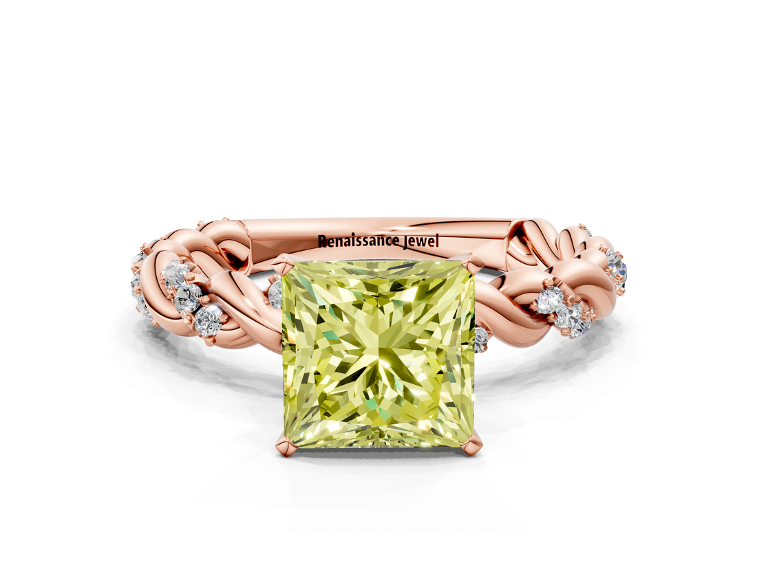 Rose gold Fancy Yellow Princess  Solitaire Twisted Band with Pavé Accents and Four-Prong Setting