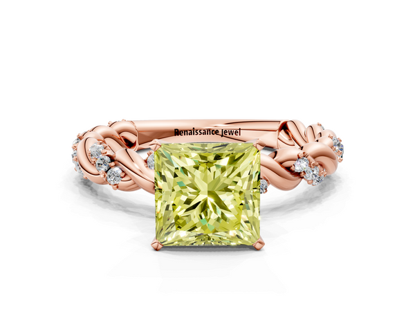 Rose gold Fancy Yellow Princess Cut Diamond Solitaire Ring with Twisted Band and Pavé Accents