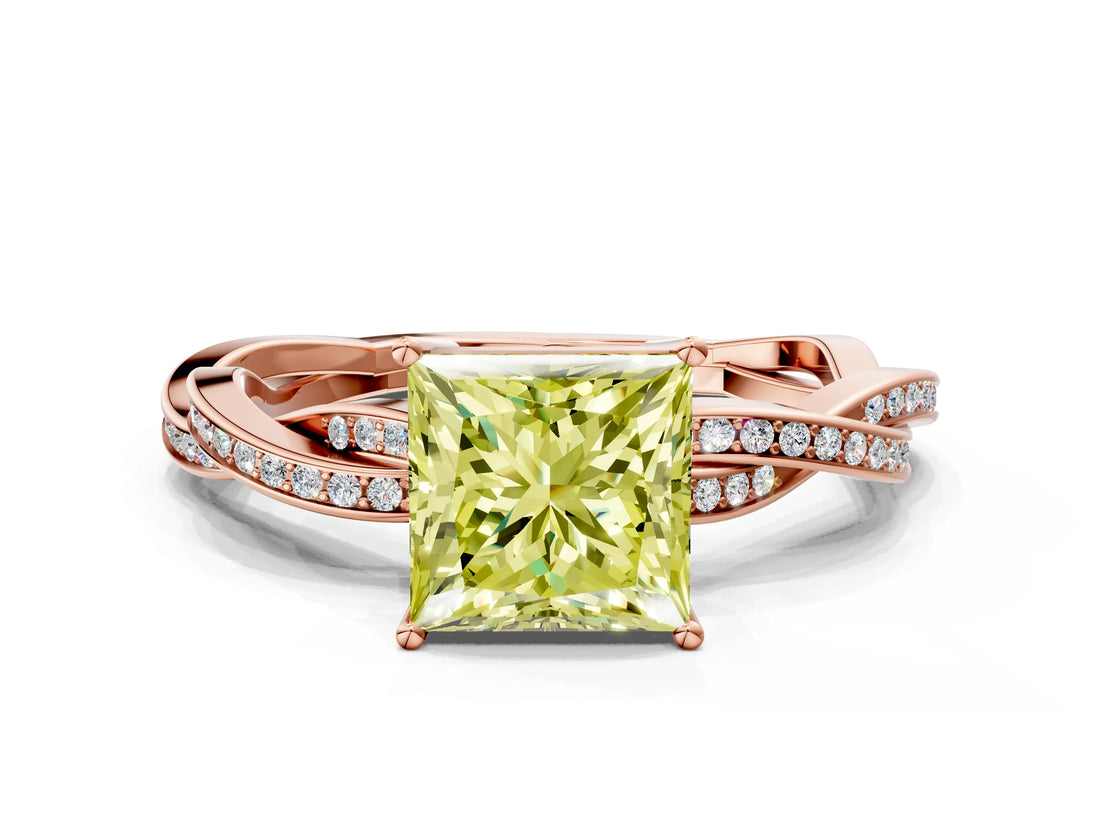 Rose gold Fancy Yellow Princess  Solitaire Twisted Pave Diamond Ring with Four-Prong Setting_115