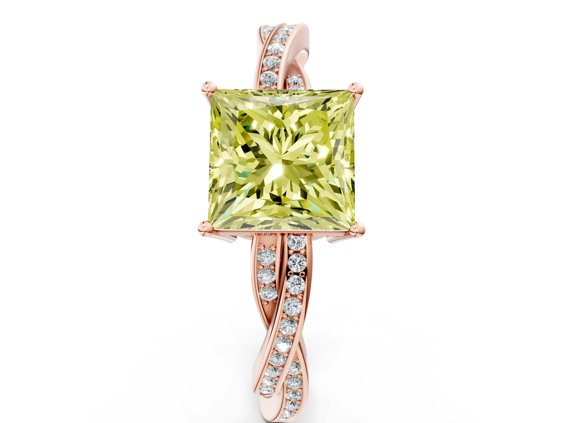 Rose gold Fancy Yellow Princess  Solitaire Twisted Pave Diamond Ring with Four-Prong Setting_12