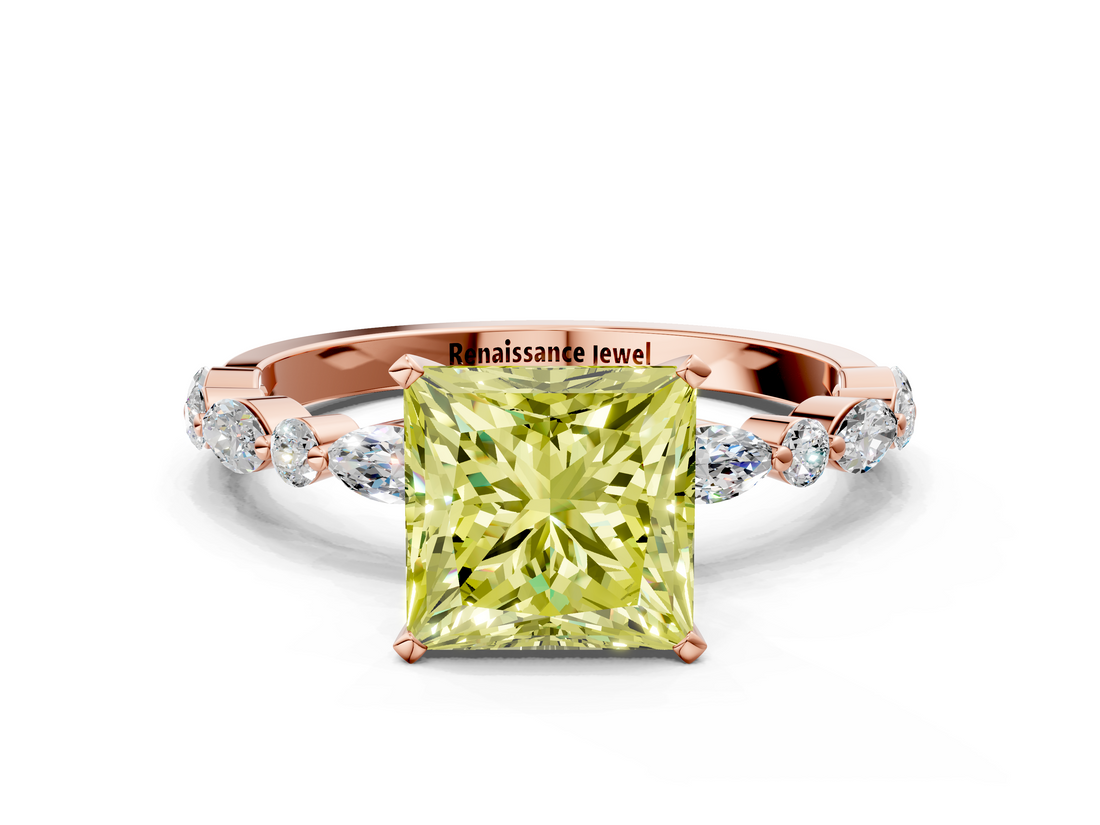 Rose gold Fancy Yellow Princess  Solitaire with Side Stones on a Pavé Band and Four-Prong Setting