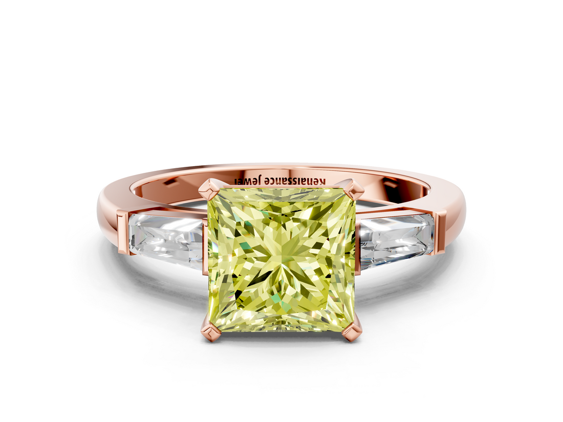 Rose gold Fancy Yellow Princess  Solitaire with Tapered Baguette Side Stones on a Classic Band with Four-Prong Setting