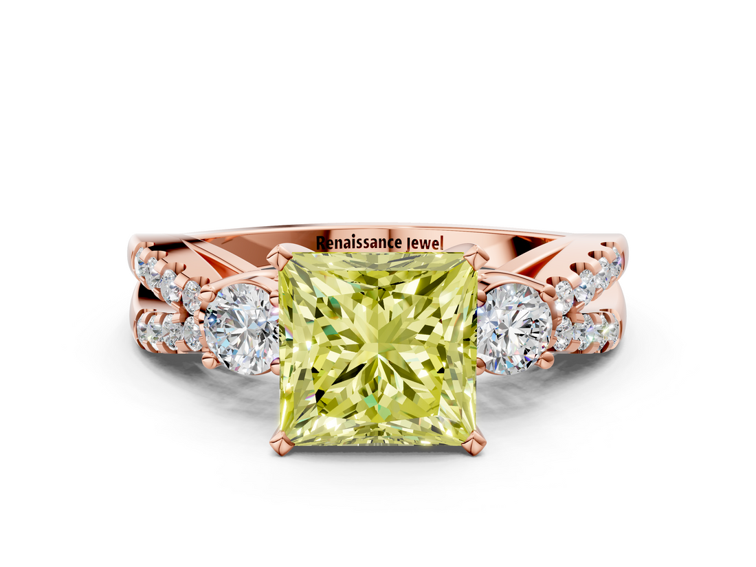 Rose gold Fancy Yellow Princess  Three-Stone Diamond Ring with Pavé Split Shank and Four-Prong Setting