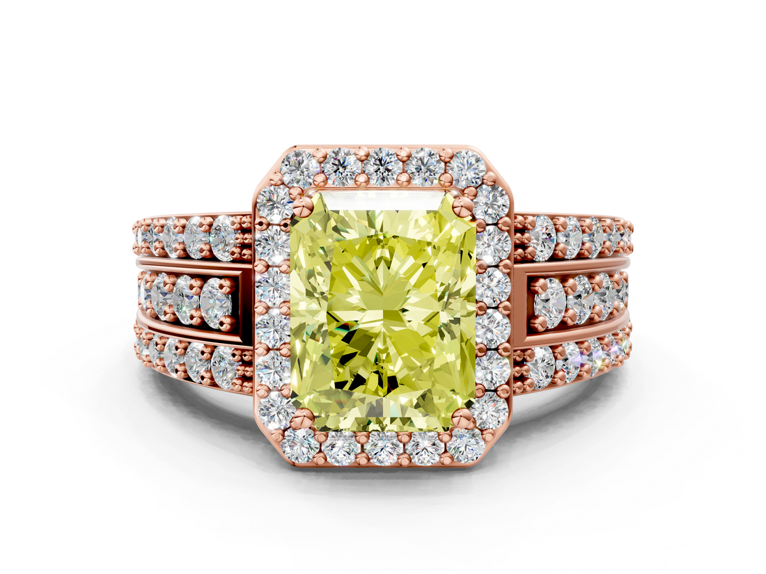 Rose gold Fancy Yellow Radiant -Cut Halo Diamond Ring with Split Shank and Four-Prong Setting_92