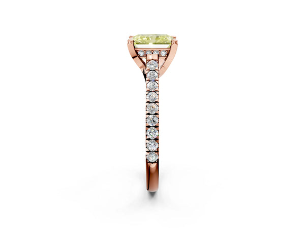 Rose gold Fancy Yellow Radiant  Brilliant Diamond Solitaire with Pavé Band and Four-Prong Setting