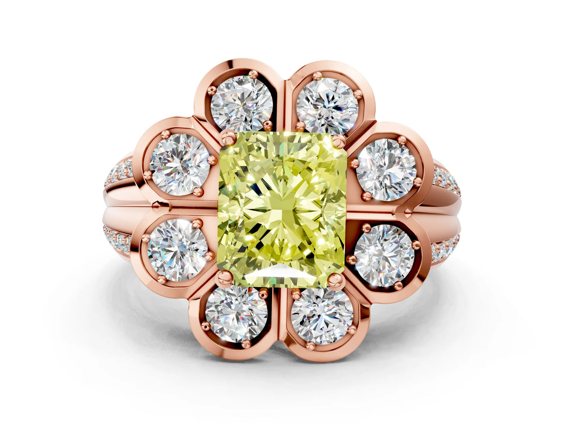 Rose gold Fancy Yellow Radiant  Brilliant Flower Halo Diamond Split Shank Ring_99