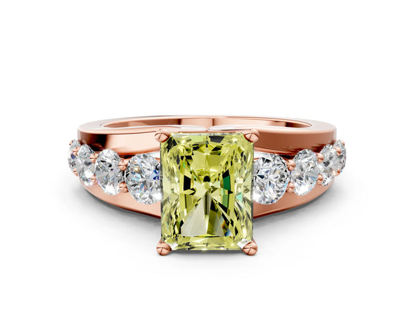 Rose gold Fancy Yellow Radiant  Brilliant Solitaire with Side Stones on a Pave Band and Four-Prong Setting