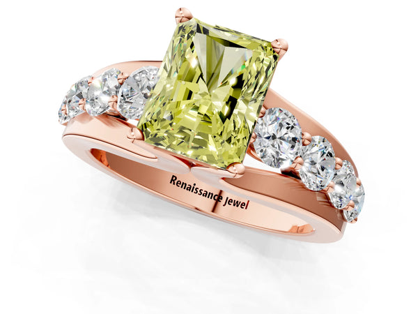 Rose gold Fancy Yellow Radiant  Brilliant Solitaire with Side Stones on a Pave Band and Four-Prong Setting