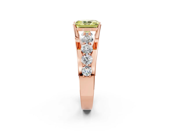 Rose gold Fancy Yellow Radiant  Brilliant Solitaire with Side Stones on a Pave Band and Four-Prong Setting
