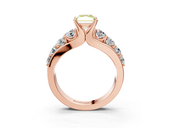 Rose gold Fancy Yellow Radiant  Brilliant Solitaire with Side Stones on a Pave Band and Four-Prong Setting