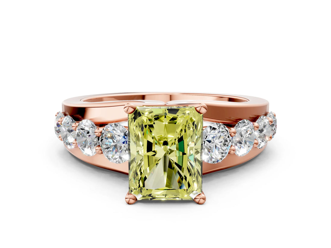 Rose gold Fancy Yellow Radiant  Brilliant Solitaire with Side Stones on a Pave Band and Four-Prong Setting_24