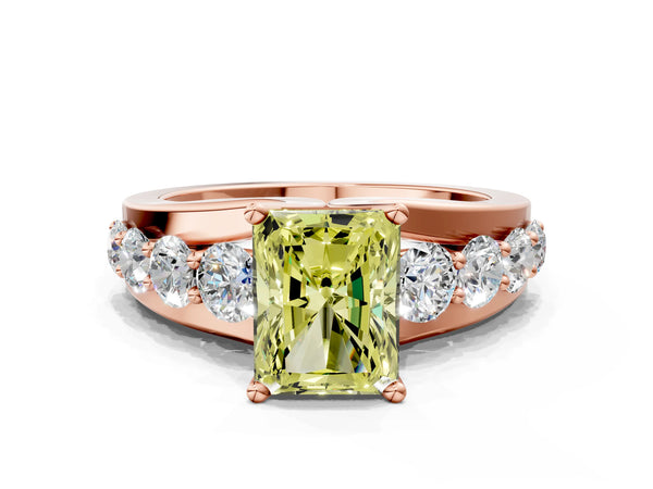 Rose gold Fancy Yellow Radiant  Brilliant Solitaire with Side Stones on a Pave Band and Four-Prong Setting