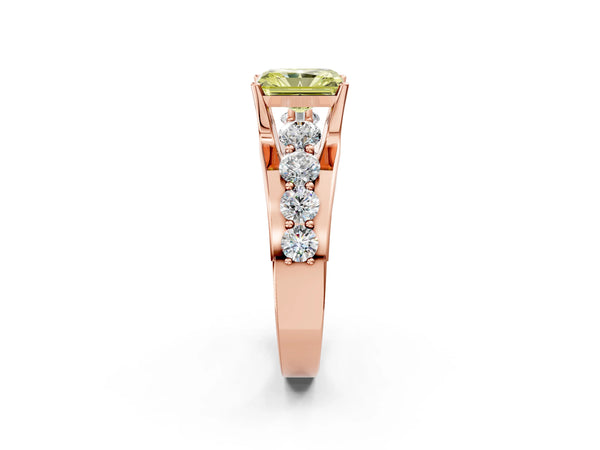 Rose gold Fancy Yellow Radiant  Brilliant Solitaire with Side Stones on a Pave Band and Four-Prong Setting