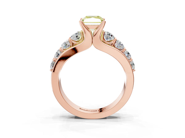 Rose gold Fancy Yellow Radiant  Brilliant Solitaire with Side Stones on a Pave Band and Four-Prong Setting