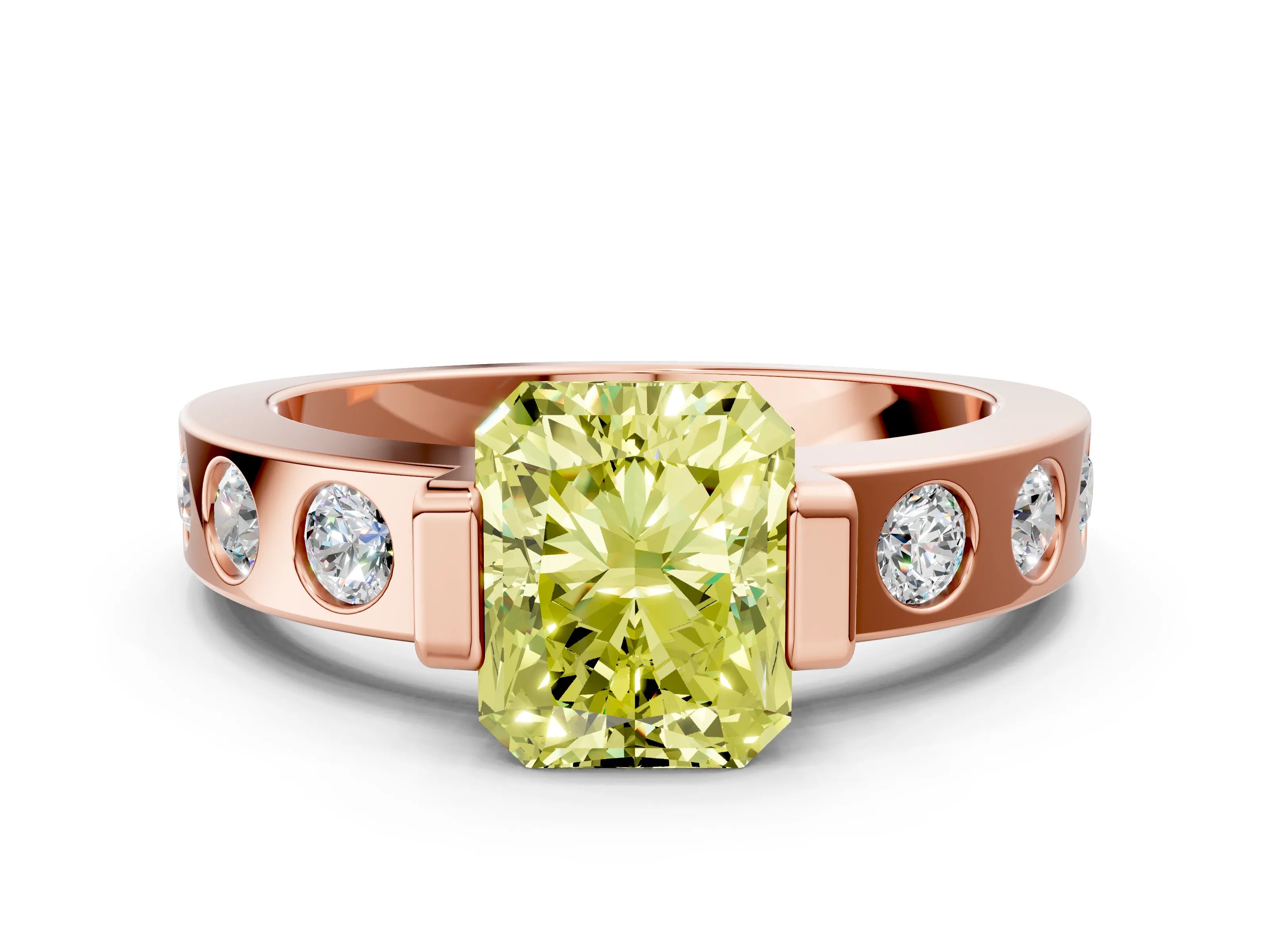 Rose gold Fancy Yellow Radiant Cut Brilliant Channel-Set Diamond Ring with Bezel Prong Setting