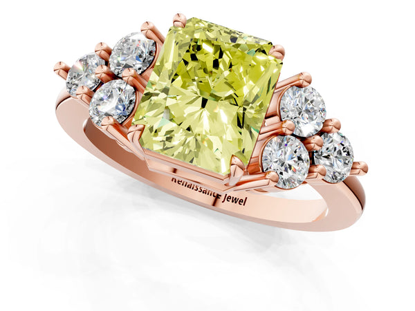 Rose gold Fancy Yellow Radiant Cut Brilliant Diamond Cluster Accent Solitaire Ring with Prong Setting