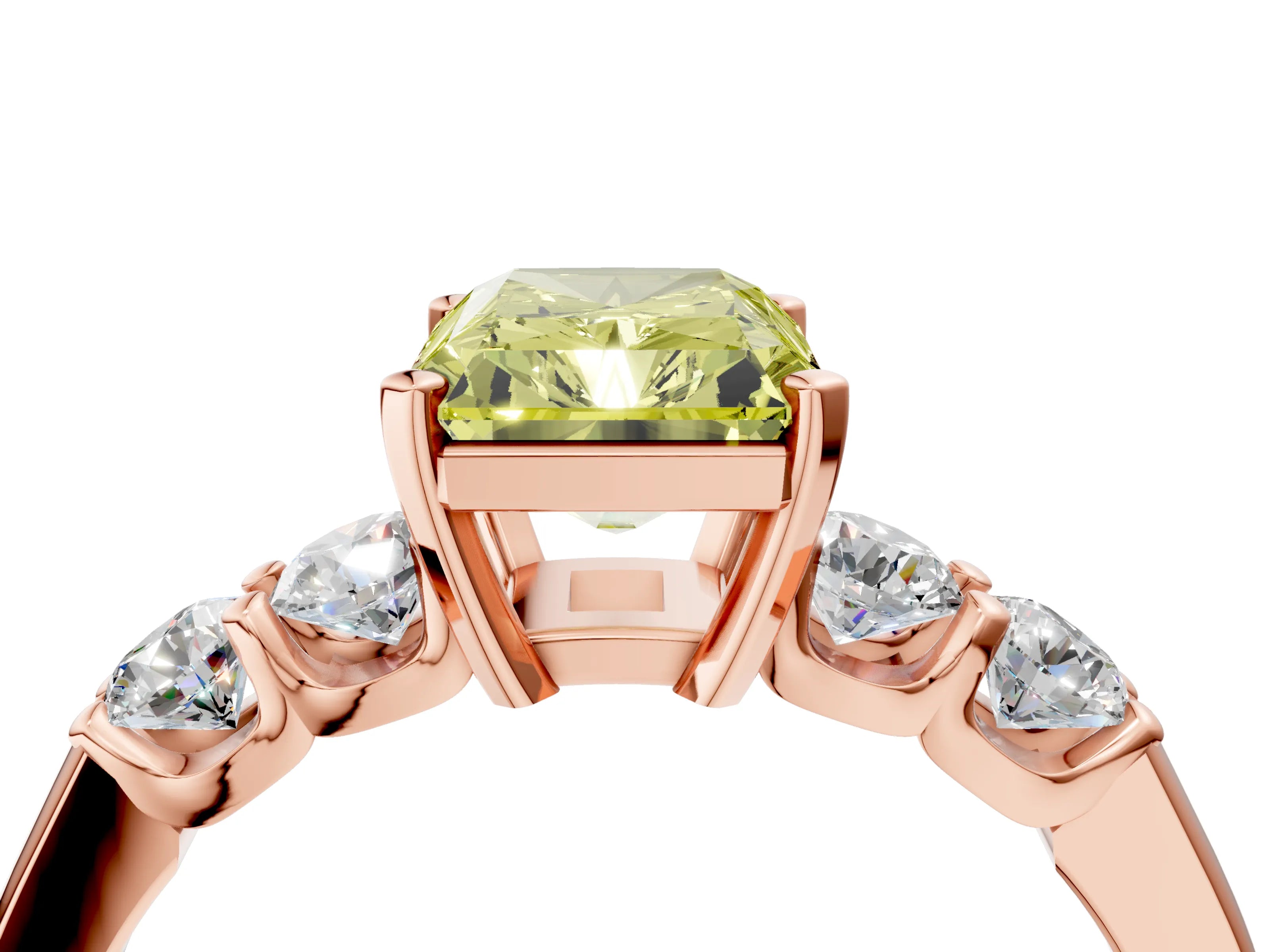 Rose gold Fancy Yellow Radiant Cut Brilliant Diamond Five-Stone Engagement Ring with Prong Setting on a Classic Band_7
