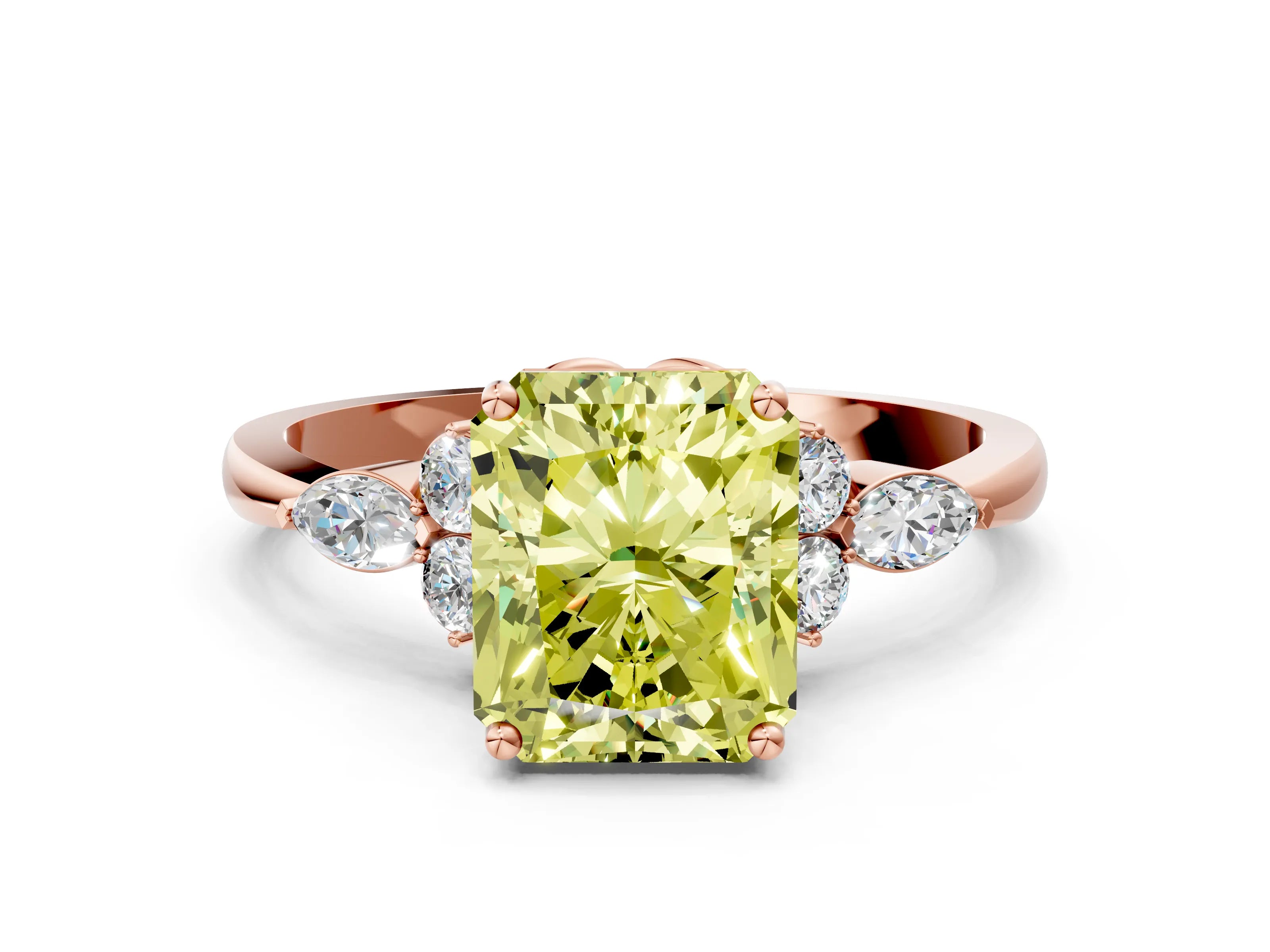 Rose gold Fancy Yellow Radiant Cut Brilliant Diamond Solitaire Ring with Pear Side Stones and Four-Prong Setting_3