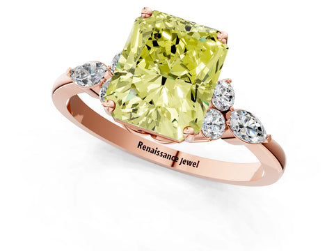 Rose gold Fancy Yellow Radiant Cut Brilliant Diamond Solitaire Ring with Pear Side Stones and Four-Prong Setting_4