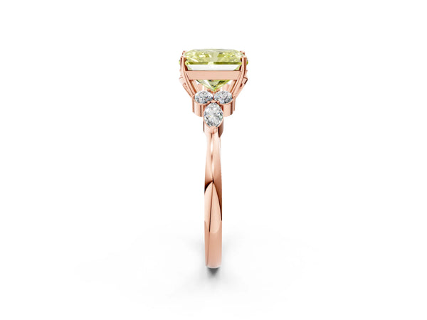Rose gold Fancy Yellow Radiant Cut Brilliant Diamond Solitaire Ring with Pear Side Stones and Four-Prong Setting