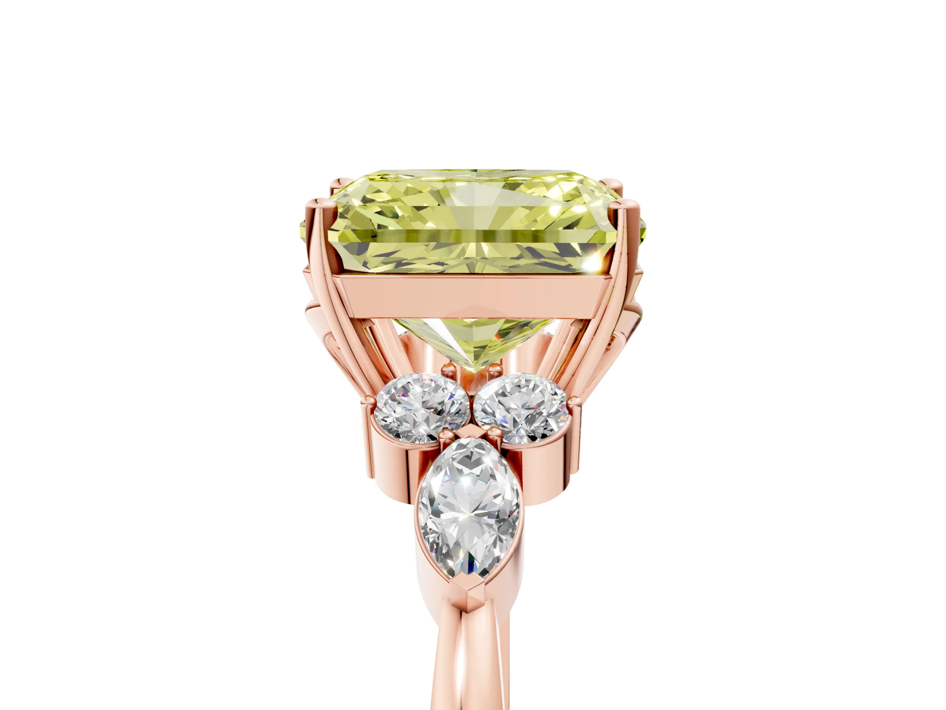 Rose gold Fancy Yellow Radiant Cut Brilliant Diamond Solitaire Ring with Pear Side Stones and Four-Prong Setting_8