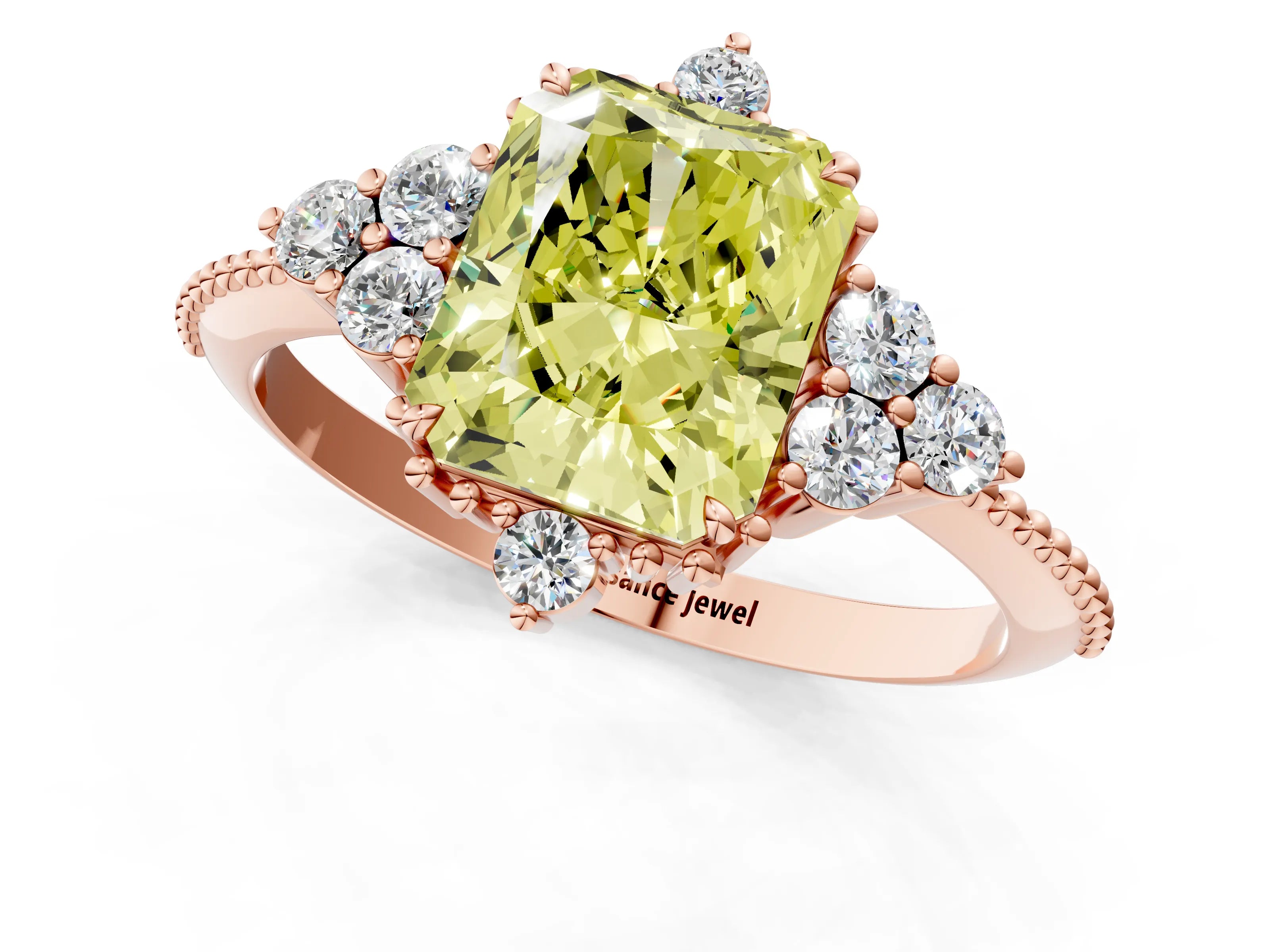Rose gold Fancy Yellow Radiant Cut Brilliant Diamond with Cluster Setting on a Beaded Band and Four-Prong Setting_1