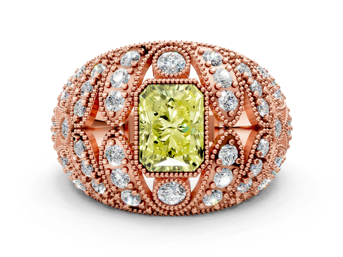 Rose gold Fancy Yellow Radiant Cut Brilliant Halo Pave Diamond Milgrain Ring