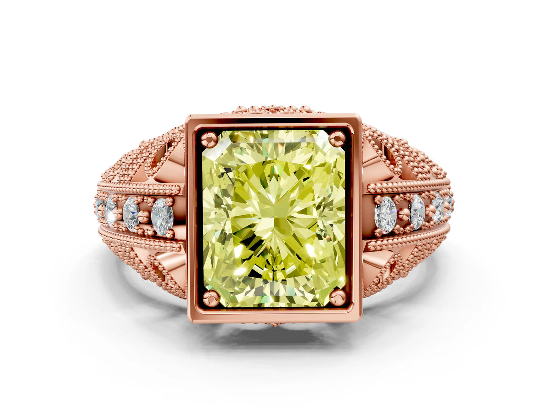 Rose gold Fancy Yellow Radiant Cut Brilliant Milgrain Filigree Diamond Ring with Square Prong Setting