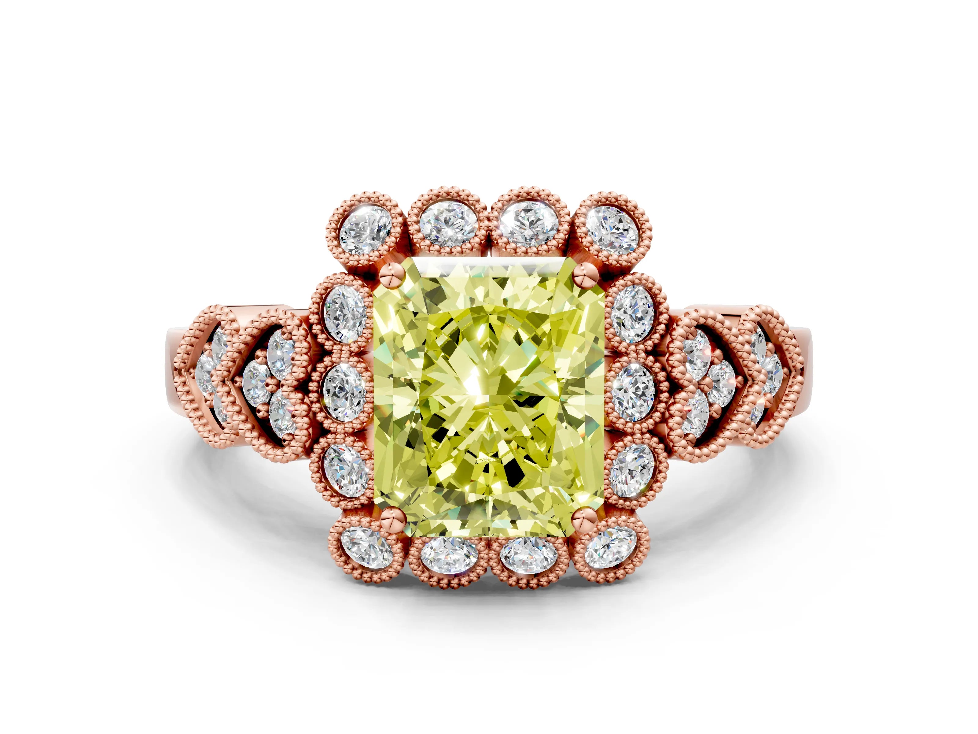 Rose gold Fancy Yellow Radiant Cut Brilliant Milgrain Pave Heart Band Solitaire Ring