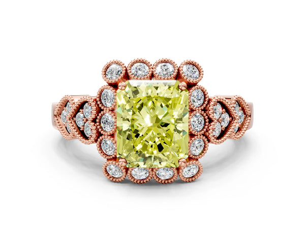 Rose gold Fancy Yellow Radiant Cut Brilliant Milgrain Pave Heart Band Solitaire Ring