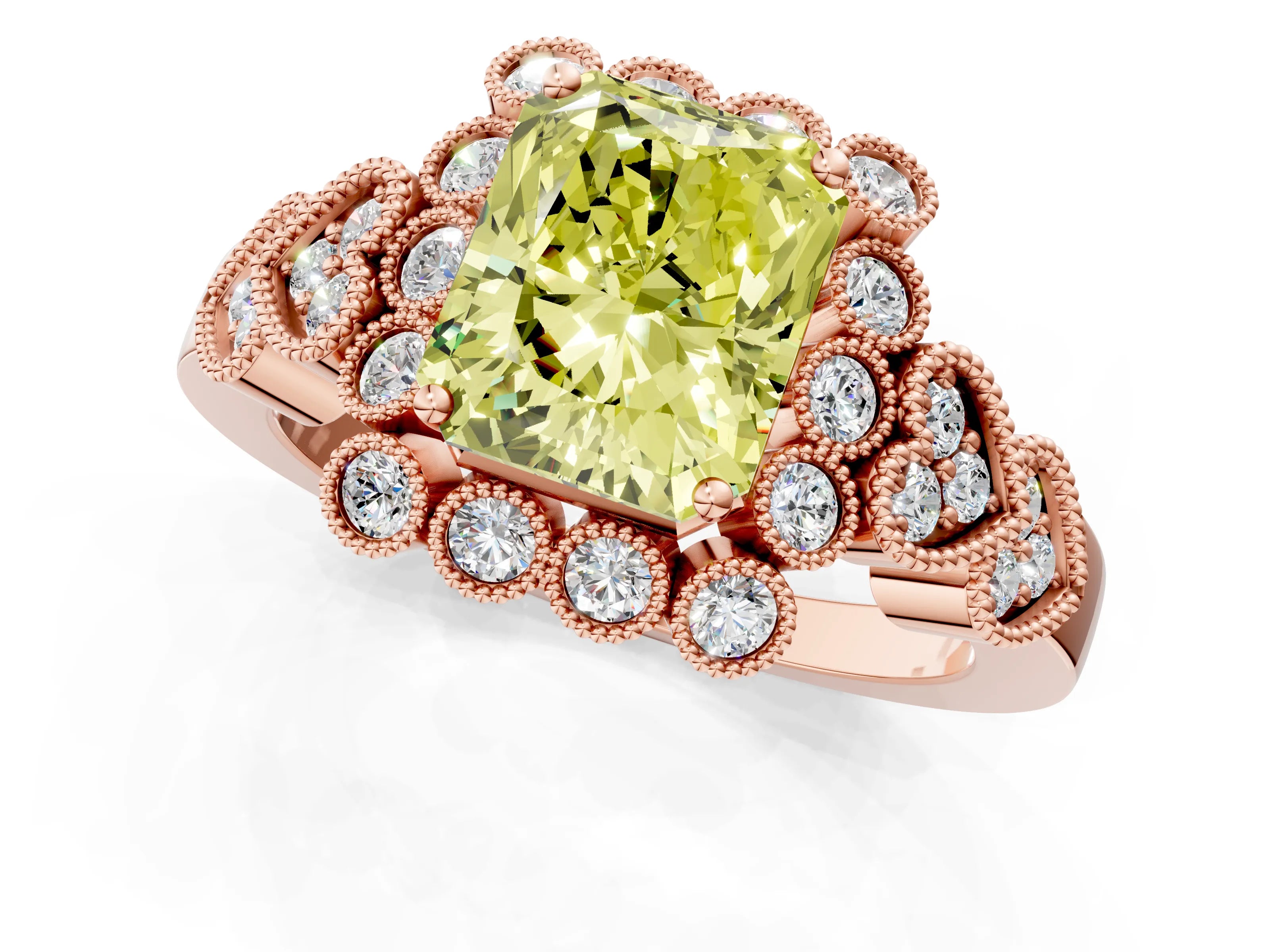 Rose gold Fancy Yellow Radiant Cut Brilliant Milgrain Pave Heart Band Solitaire Ring_1
