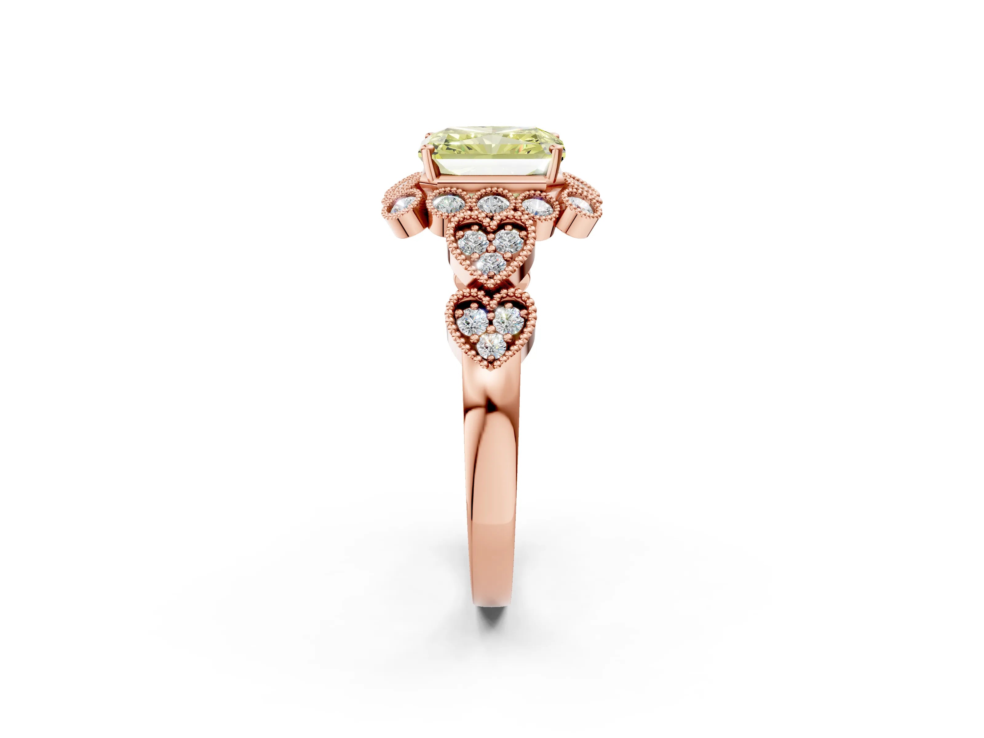 Rose gold Fancy Yellow Radiant Cut Brilliant Milgrain Pave Heart Band Solitaire Ring_2